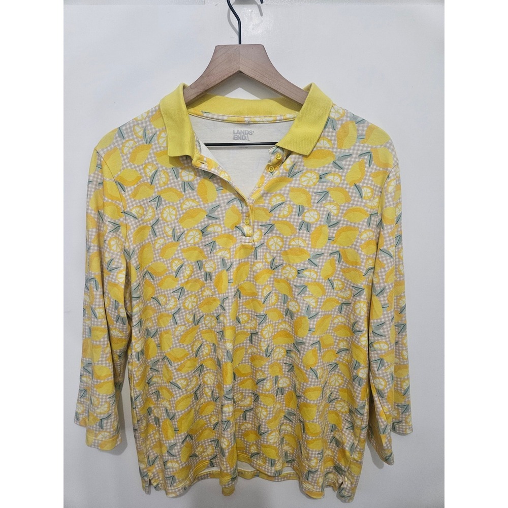 Lands End Womens XL Lemon‎ Gingham Print Long Sleeve Polo Shirt Yellow Citrus